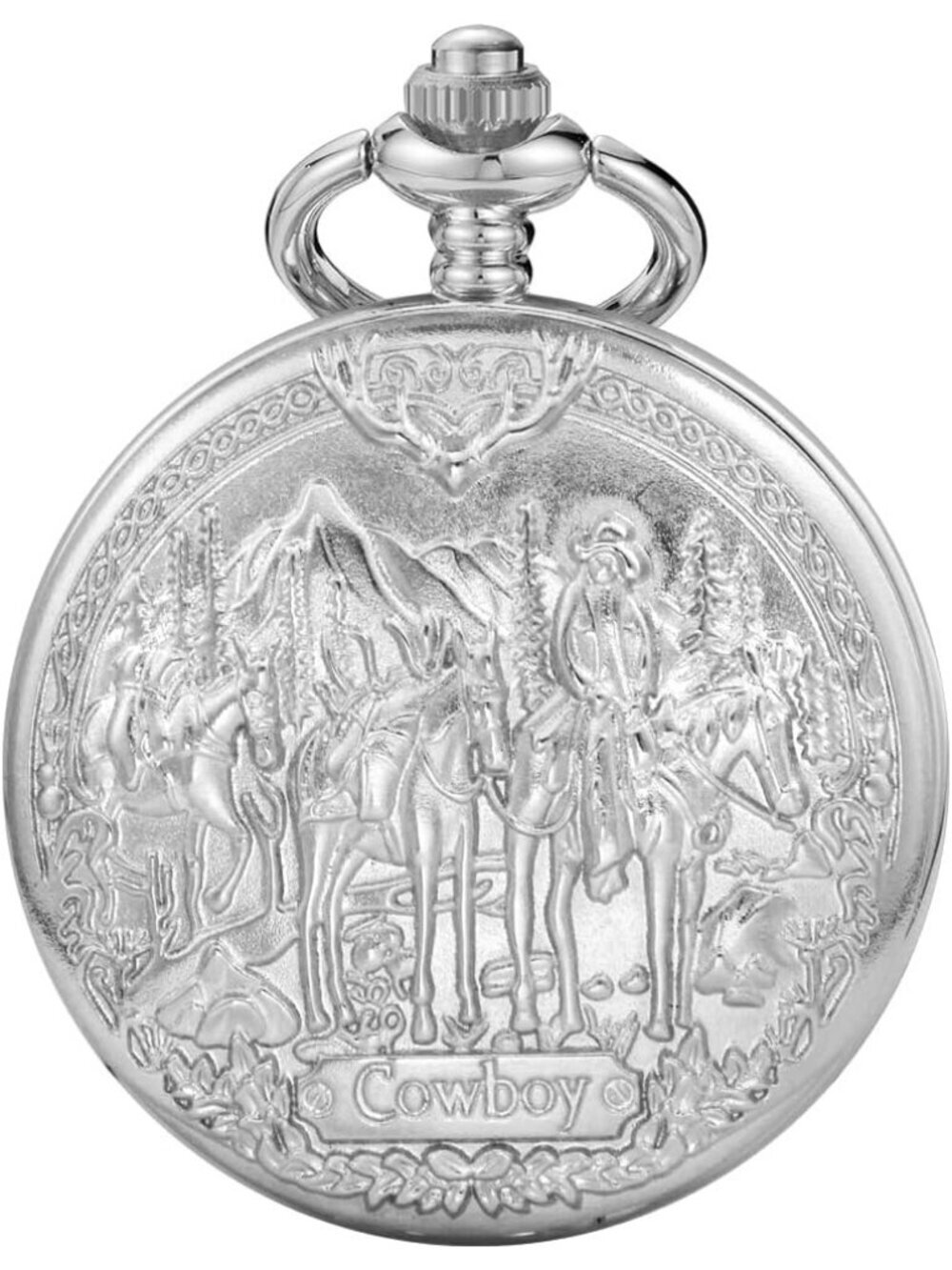 Men's Silver Analog Quartz Arabic Numerals Engraved Cowboy Vintage Pocket Watch